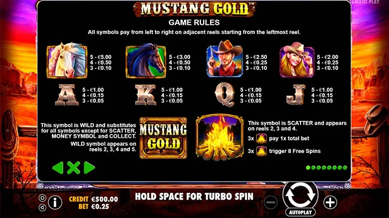Símbolos del juego Mustang Gold