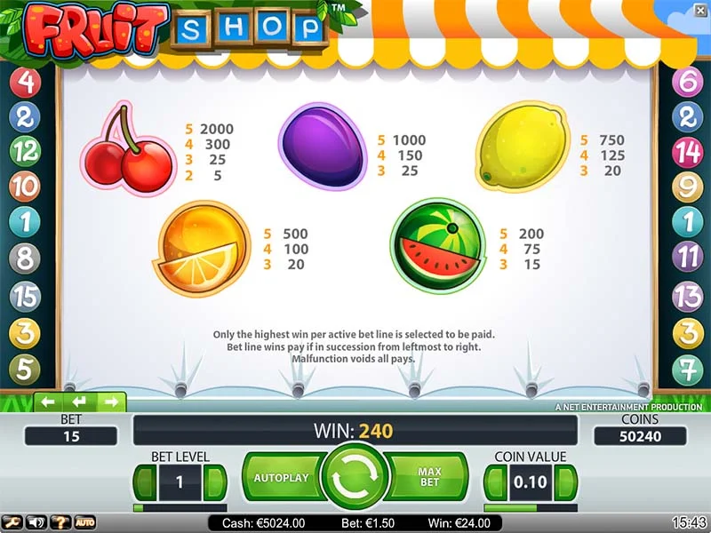 Símbolos y frutas de Fruit Shop